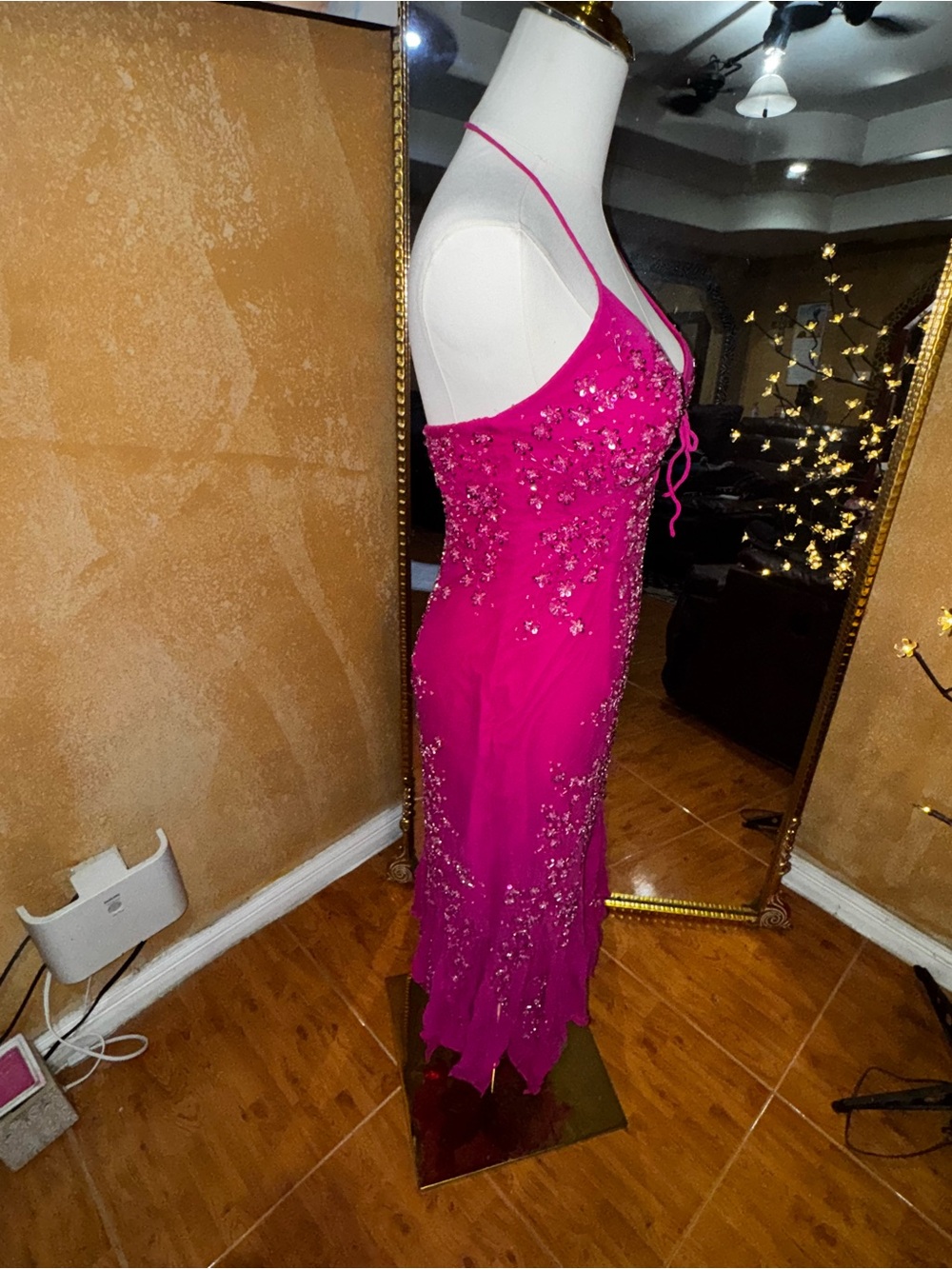 Vintage Sean Express Y2K fuchsi 100% silk, beaded halter evening gown XD - Picture 4 of 8